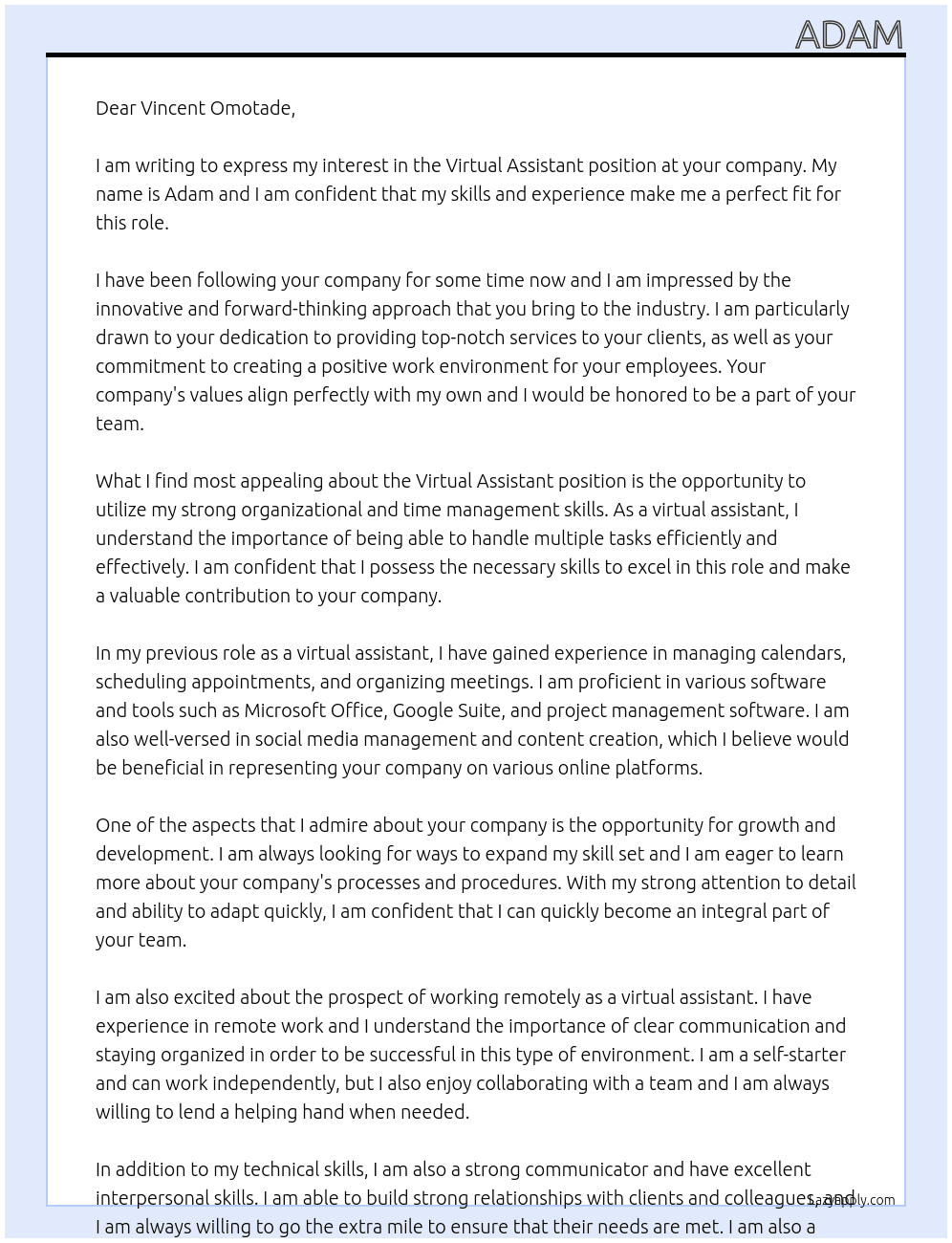 virtual assistant At no company Cover Letter