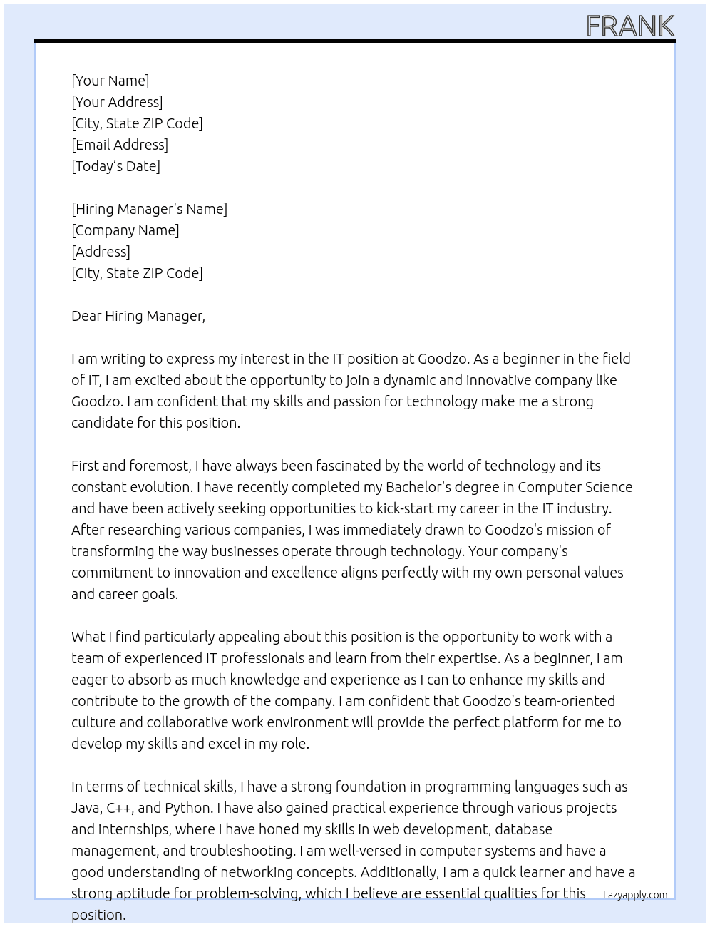 IT At Goodzo Cover Letter