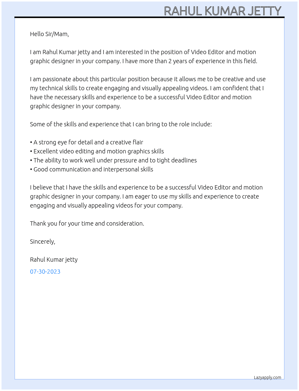 Video Editor and motion graphic designer At Physics Wala Cover Letter