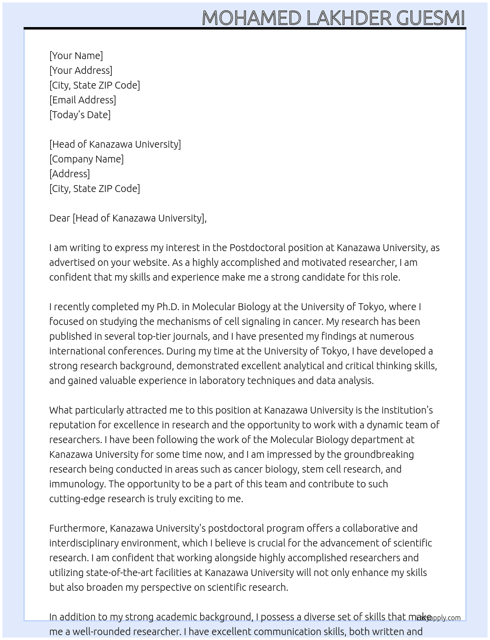 postdoc At Kanazawa University Cover Letter