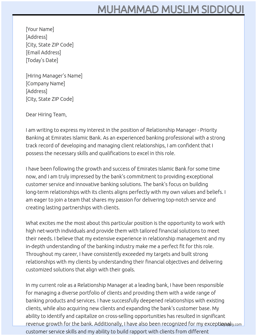 Relationship Manager - Priority Banking At Emirates Islamic Bank Cover Letter