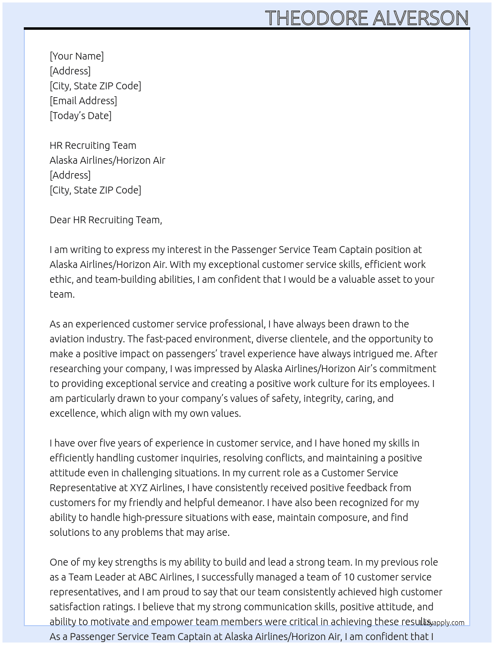 Passenger Service Team Captian At Alaska Airlines/Horizon Air  Cover Letter