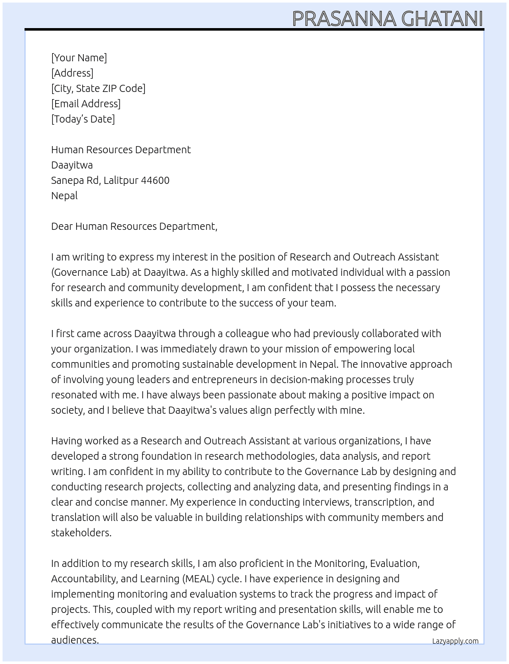 Research and Outreach Assistant (Governance Lab) At Daayitwa  Cover Letter