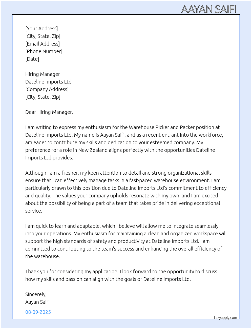 Wherehouse picker and packer  At Dateline Imports Ltd Cover Letter