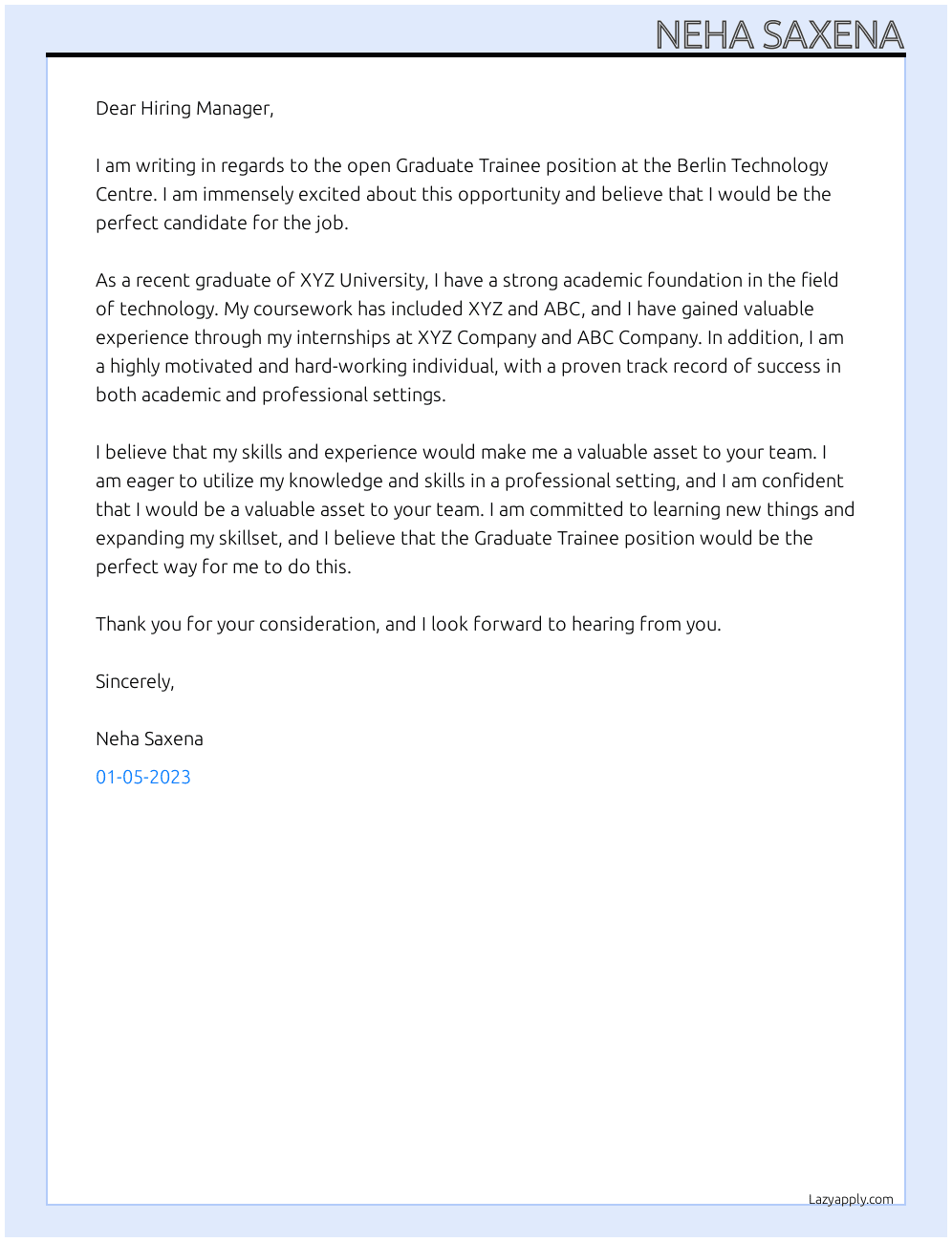 Graduate Trainee  At Berlin Technology Centre Cover Letter
