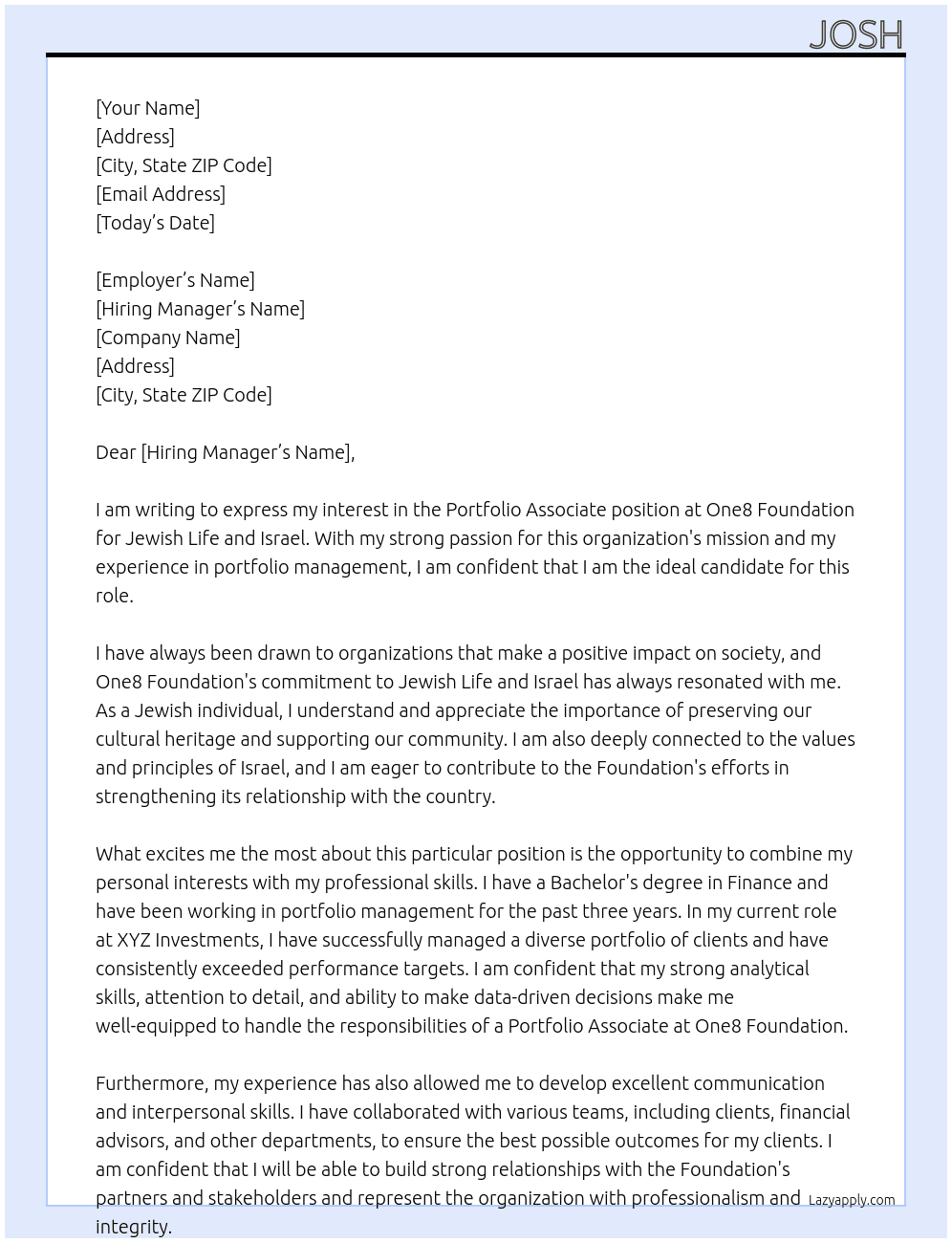 Portfolio Associate, Jewish Life and Israel At One8 Foundation Cover Letter