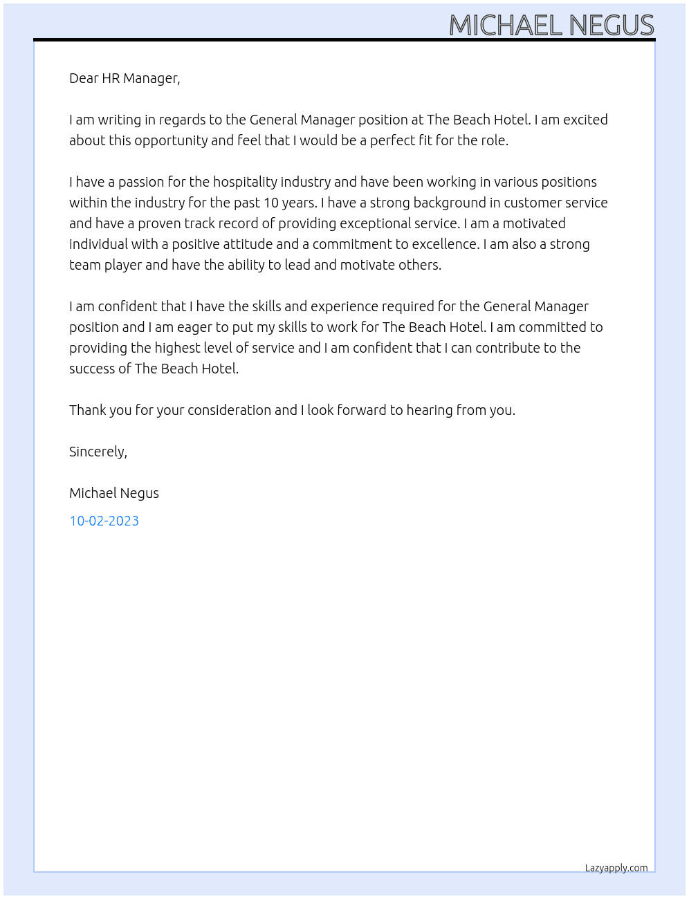General Manager At The Beach Hotel Cover Letter