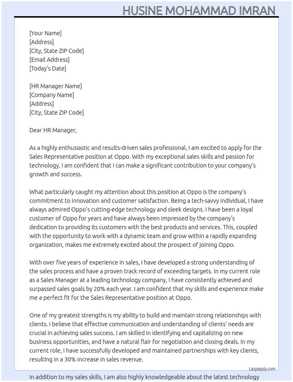 Sales representative  At Oppo Cover Letter