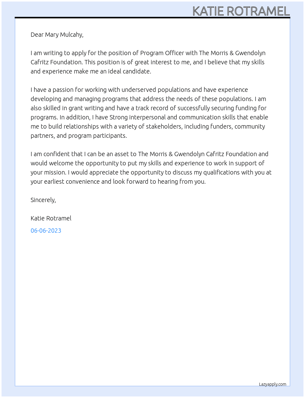 Program Officer At The Morris & Gwendolyn Cafritz Foundation Cover Letter