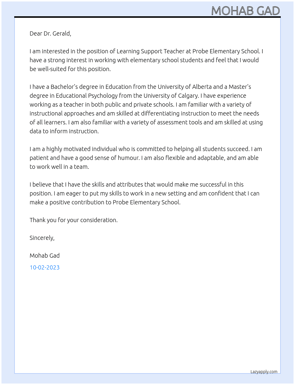 Learning Support Teacher At Lethbridge School Division Cover Letter