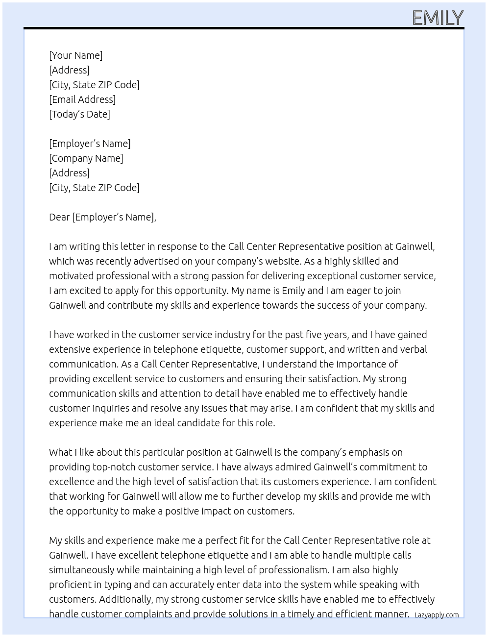 Call Center Representative  At Gainwell Cover Letter