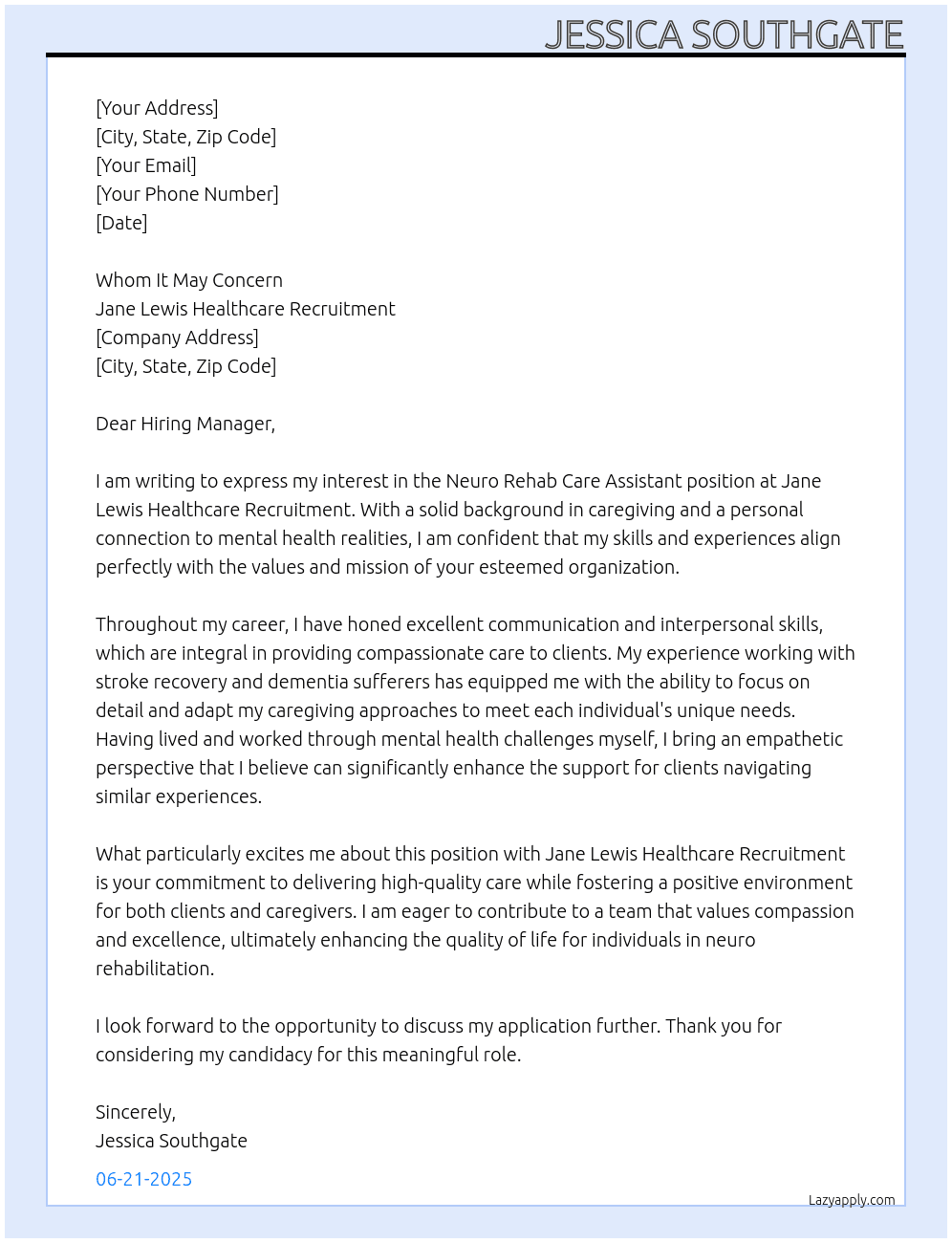 Cover letter for neuro rehab care assistant - LazyApply