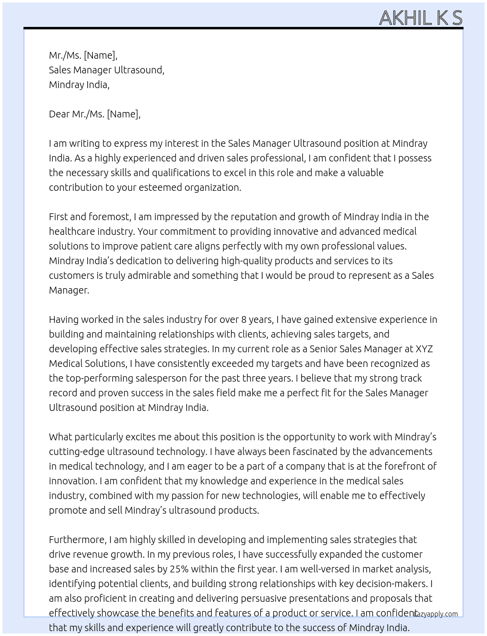 Sales Manager Ultrasound At Mindray India Cover Letter