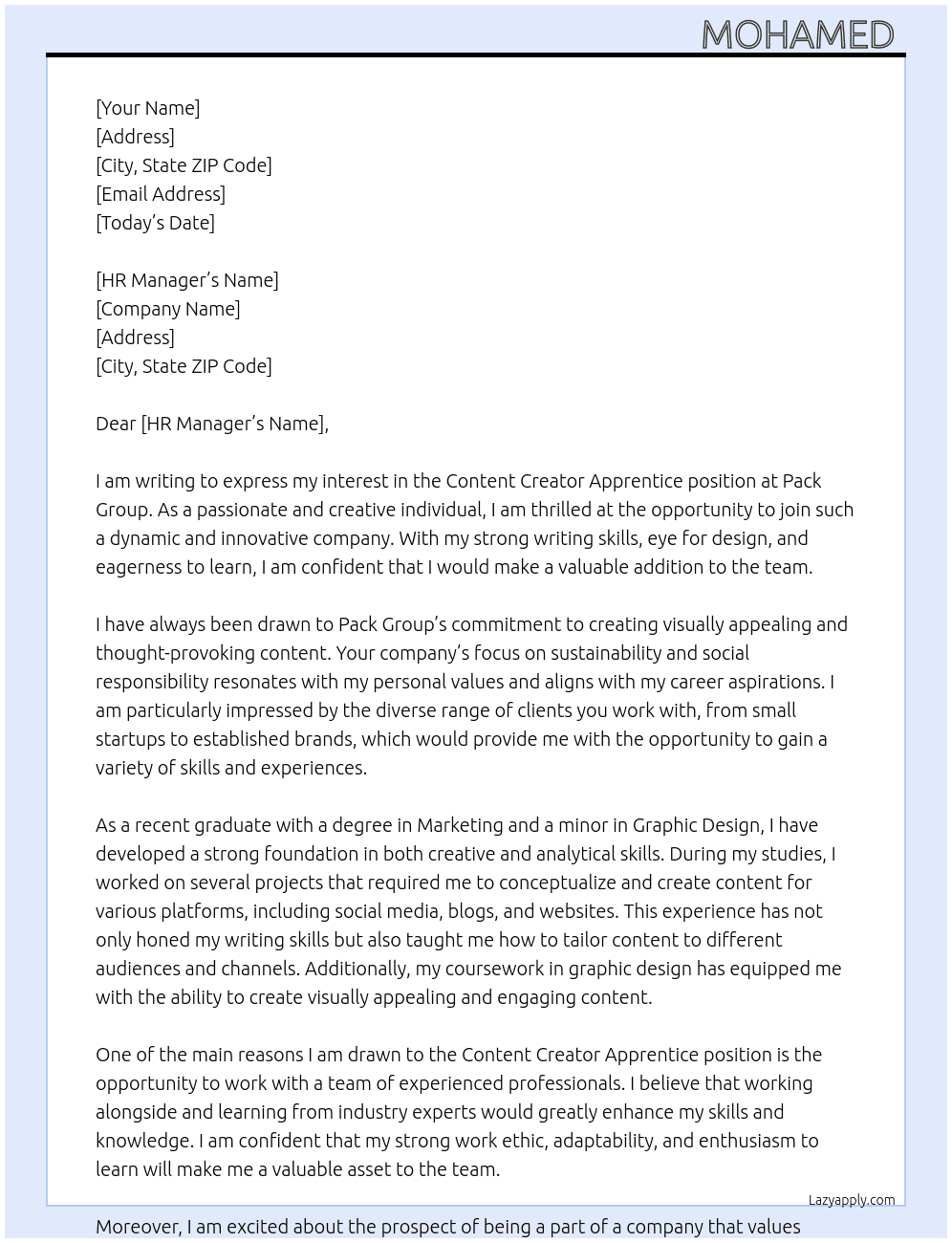 content creator apprentice  At pack group  Cover Letter