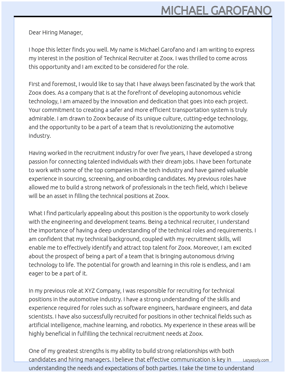 Technical Recruiter At Zoox Cover Letter