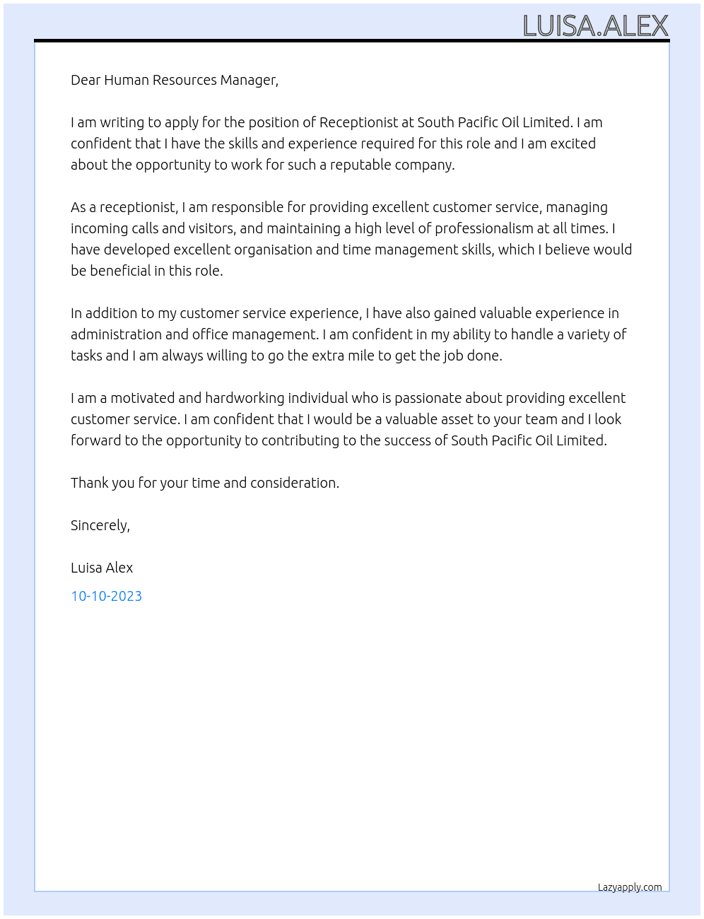 Receptionist,  At south pacific oil limited Cover Letter