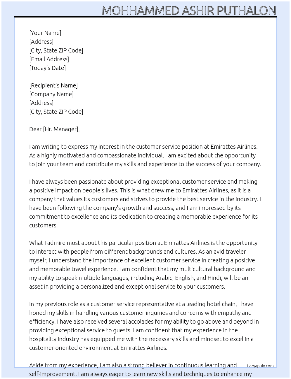 customer service At Emirattes Airlines Cover Letter