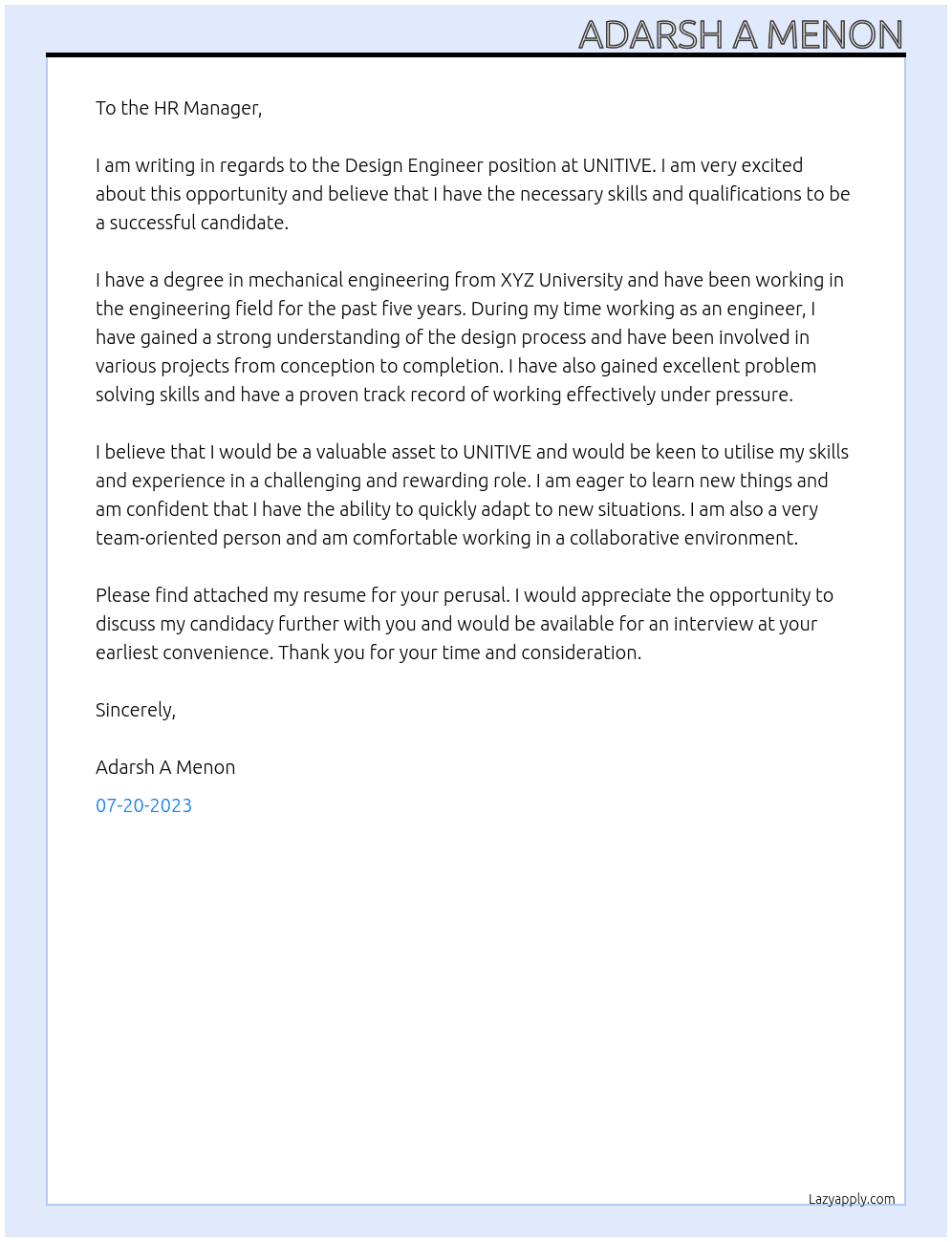 Design Engineers At UNITIVE Cover Letter