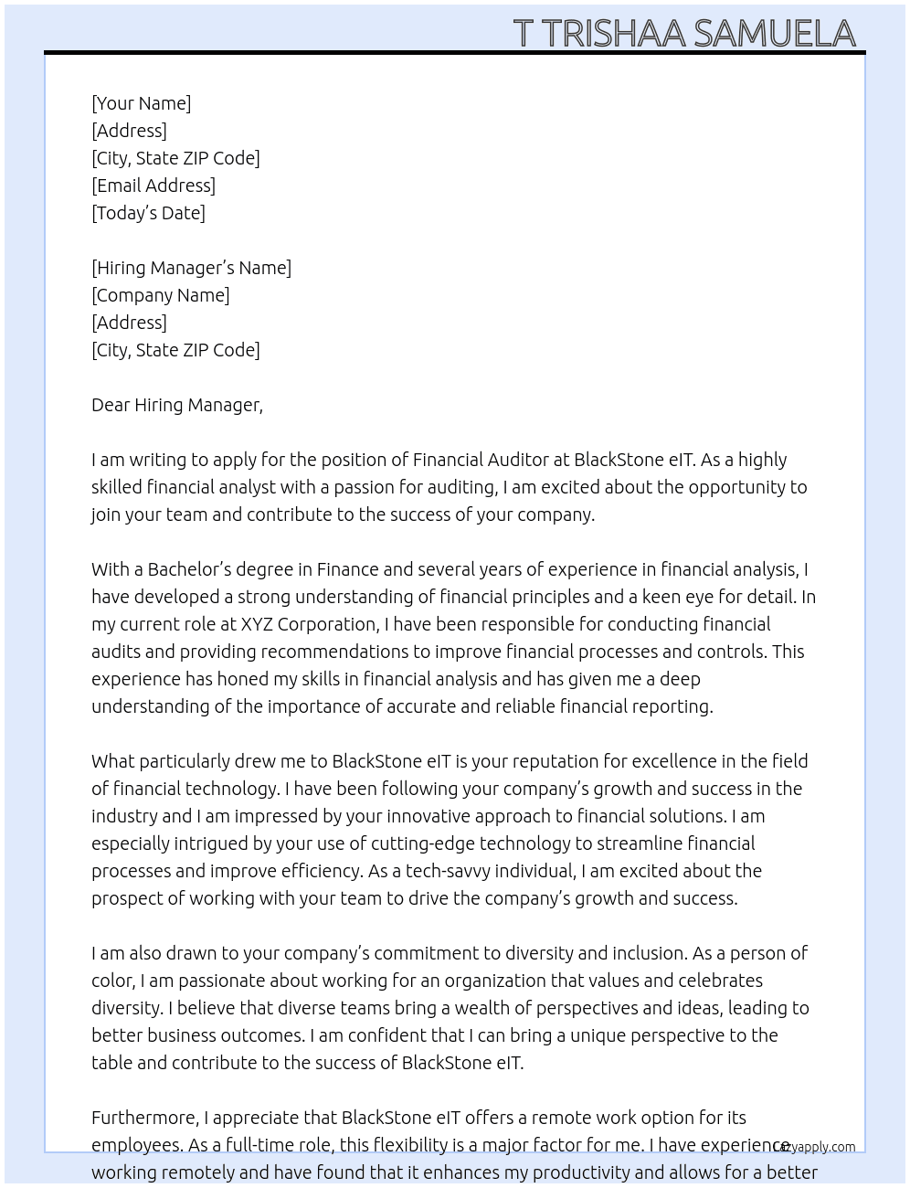 Financial Auditor At BlackStone eIT Cover Letter