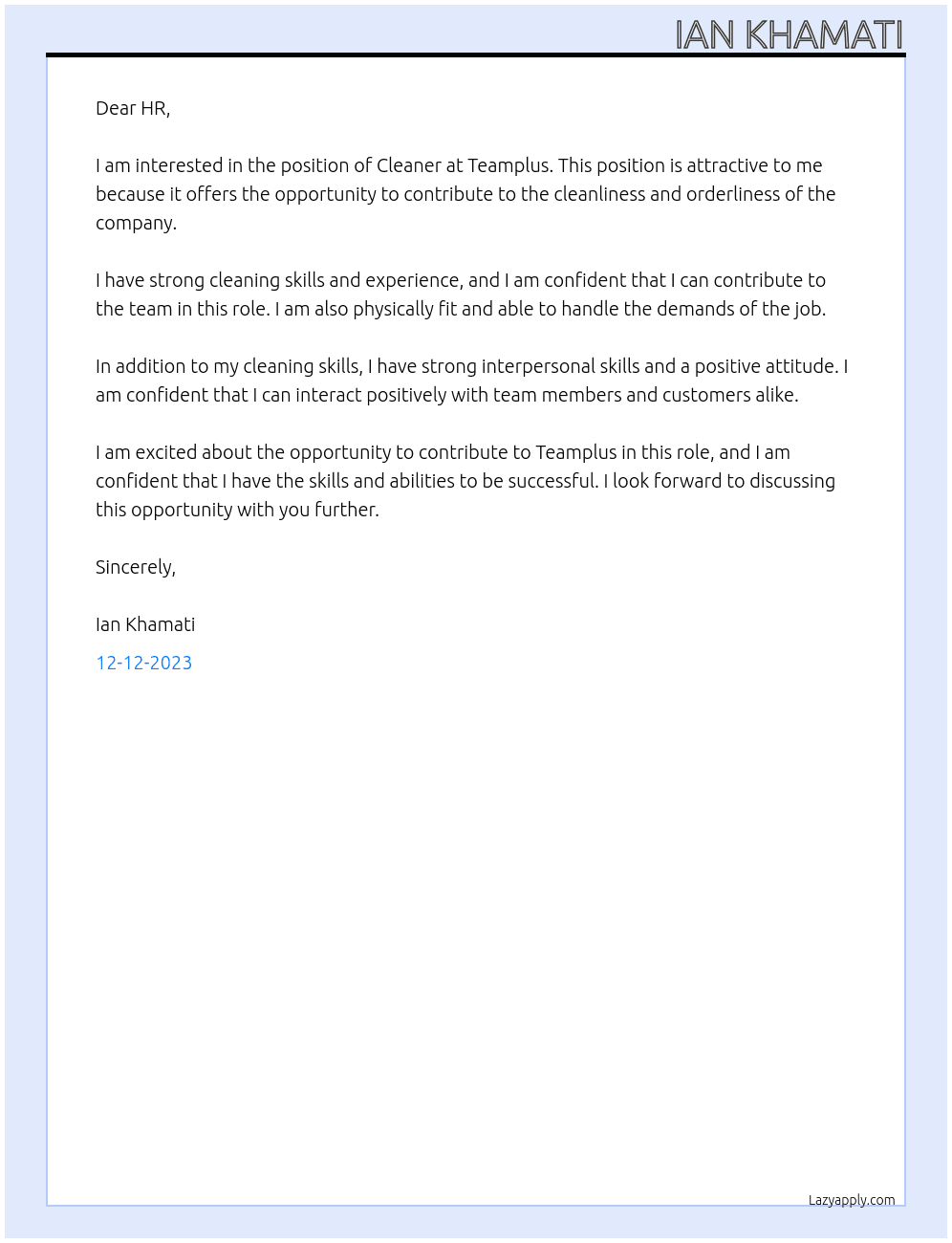 Cleaner At Teamplus Cover Letter