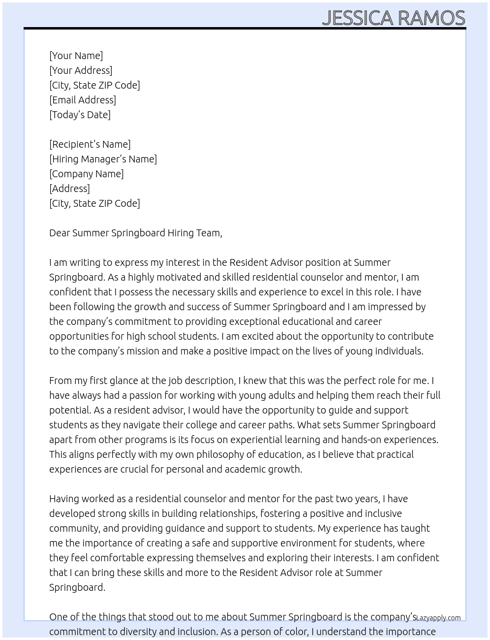 Resident Advisor At Summer Springboard Cover Letter