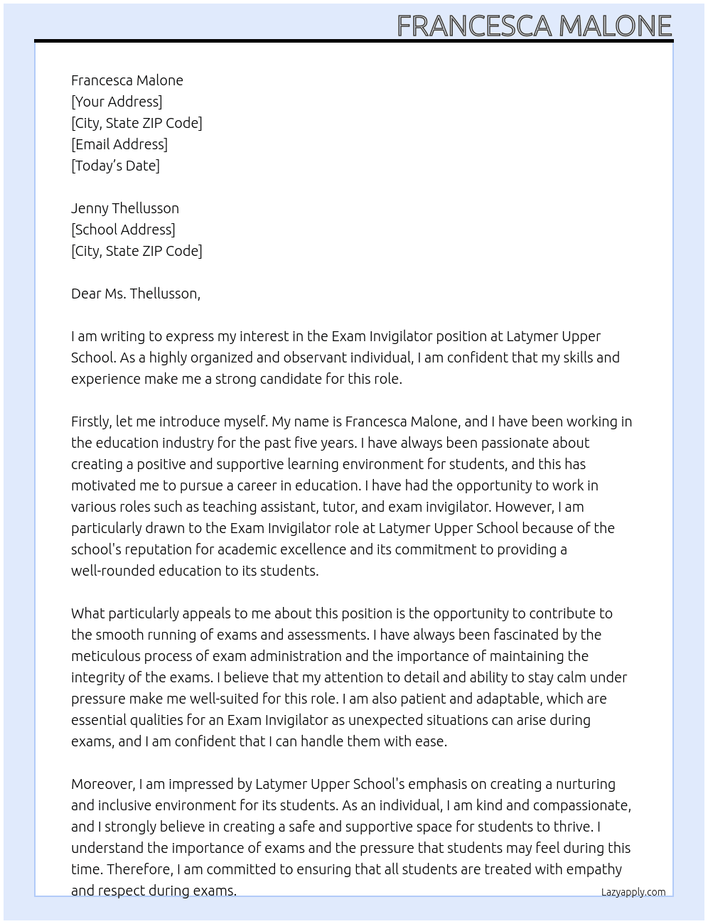 Exam Invigilator  At Latymer Upper School  Cover Letter