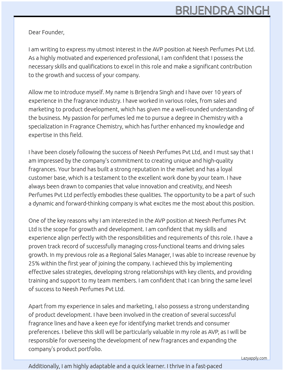 AVP At Neesh Perfumes Pvt Ltd Cover Letter