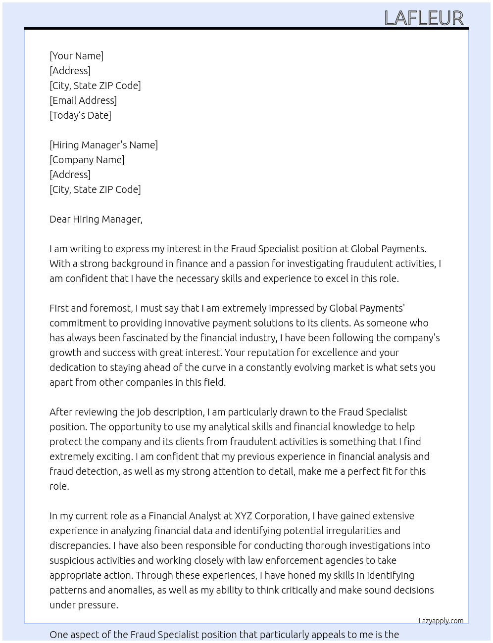 Fraud Specialist At Global payments  Cover Letter