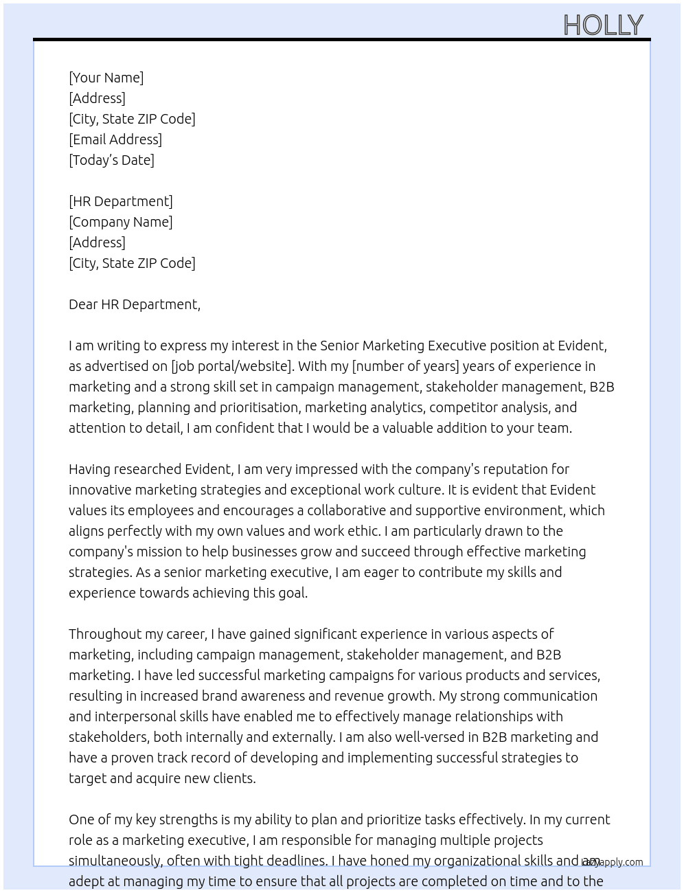 Senior Marketing executive At Evident Cover Letter