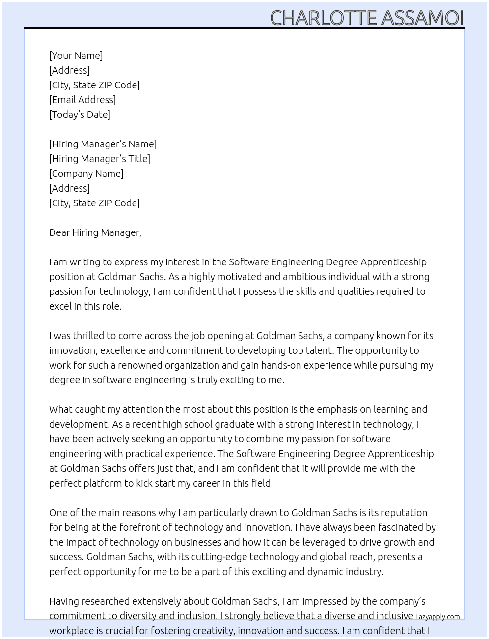Software engineering degree apprenticeship At Goldman Sachs Cover Letter