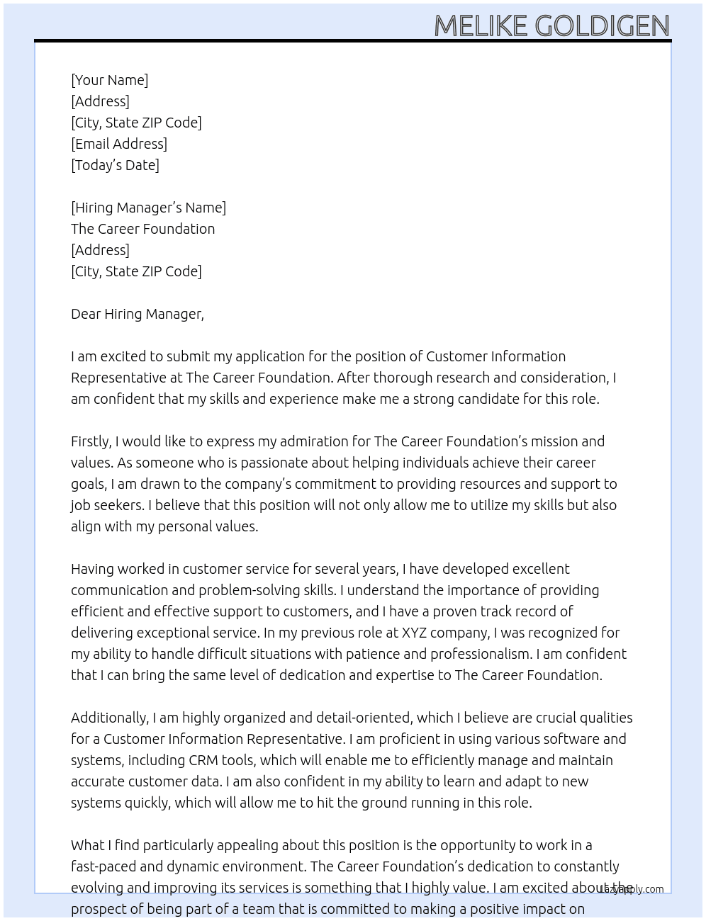Customer Information Representative  At The Career Foundation Cover Letter