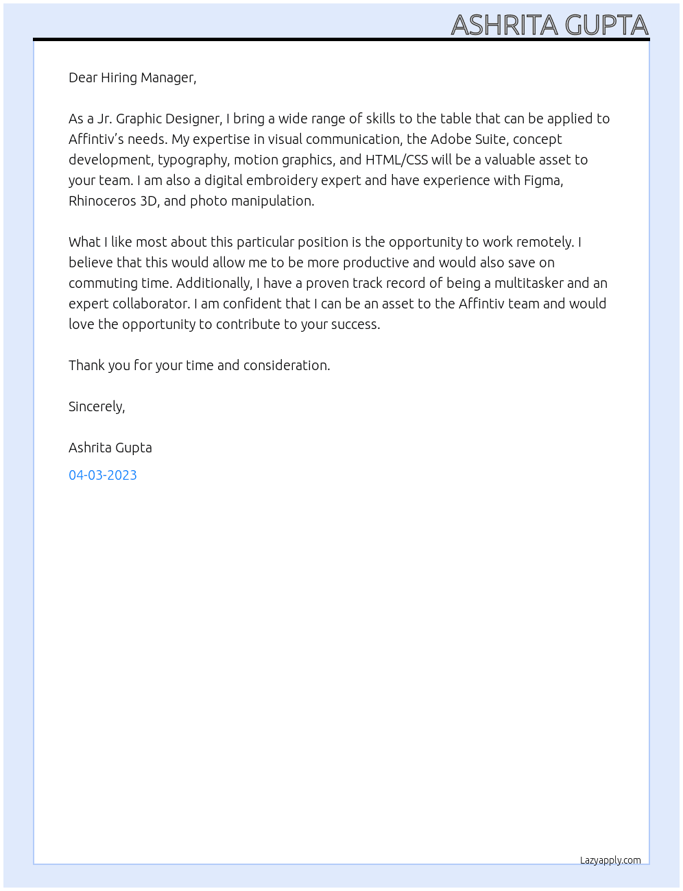Jr. Graphic Designer  At Affintiv Cover Letter