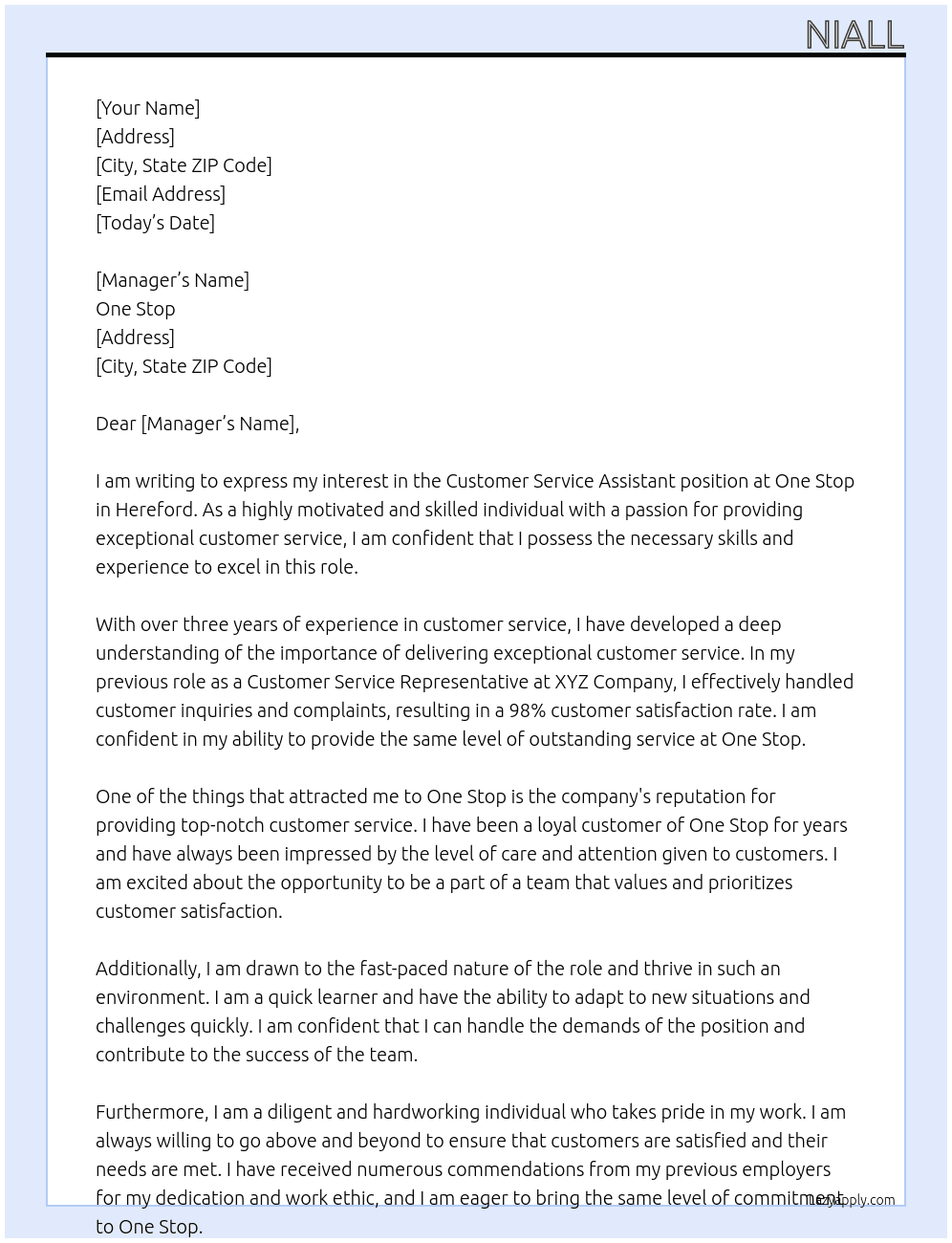 Customer Service Assistant At One Stop Cover Letter