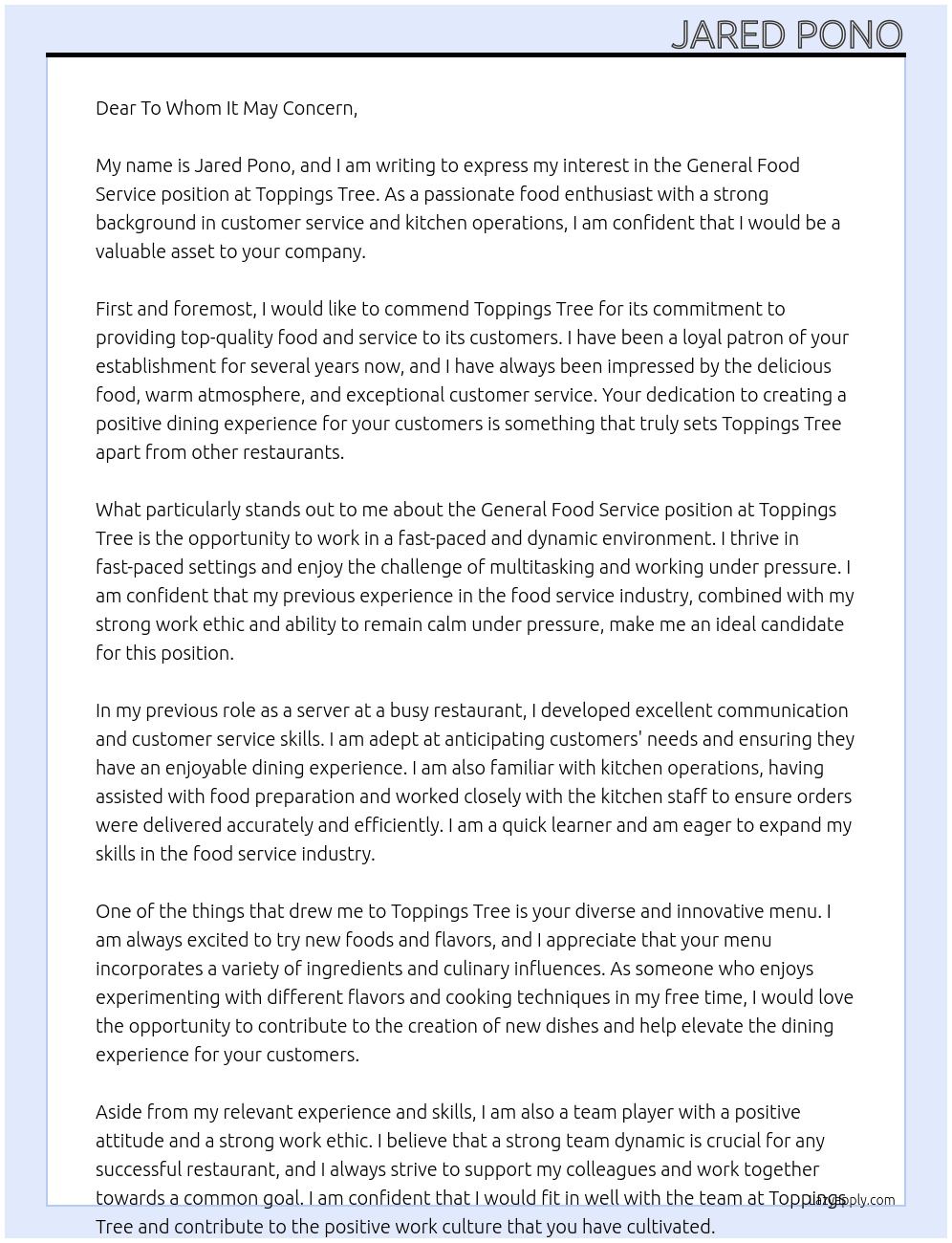 General Food Service At Toppings Tree Cover Letter
