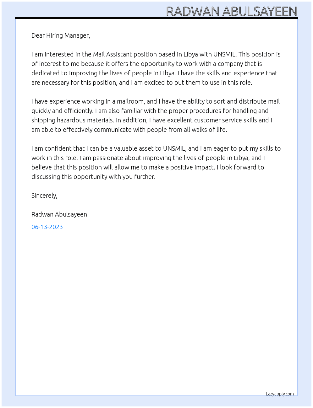 Mail Assistant - Based in Libya At UNSMIL Cover Letter