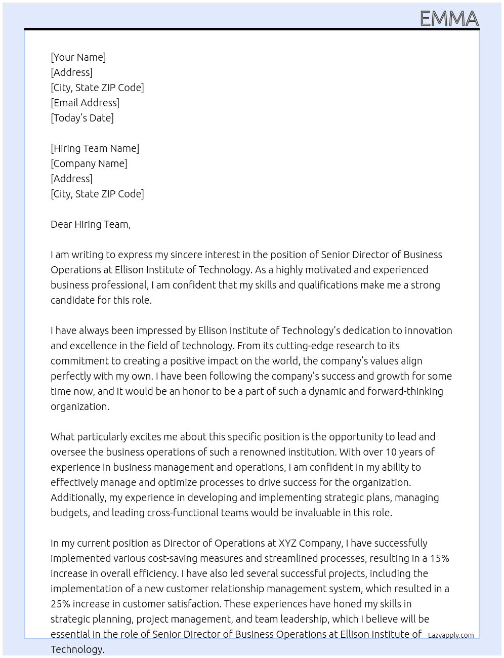 Senior Director, Business Operations At Ellison Institue of Technology Cover Letter