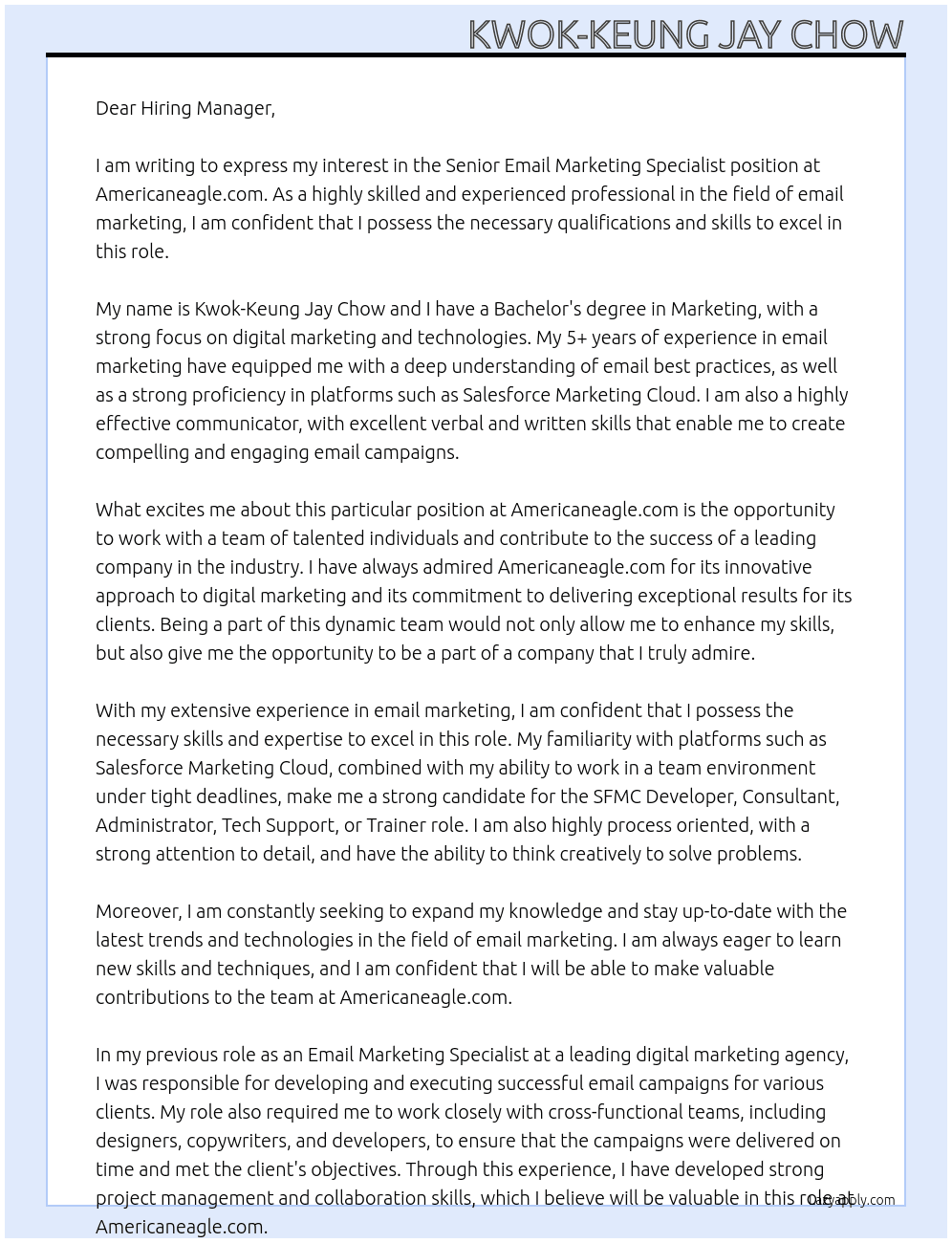 Senior Email Marketing Specialist At Americaneagle.com Cover Letter