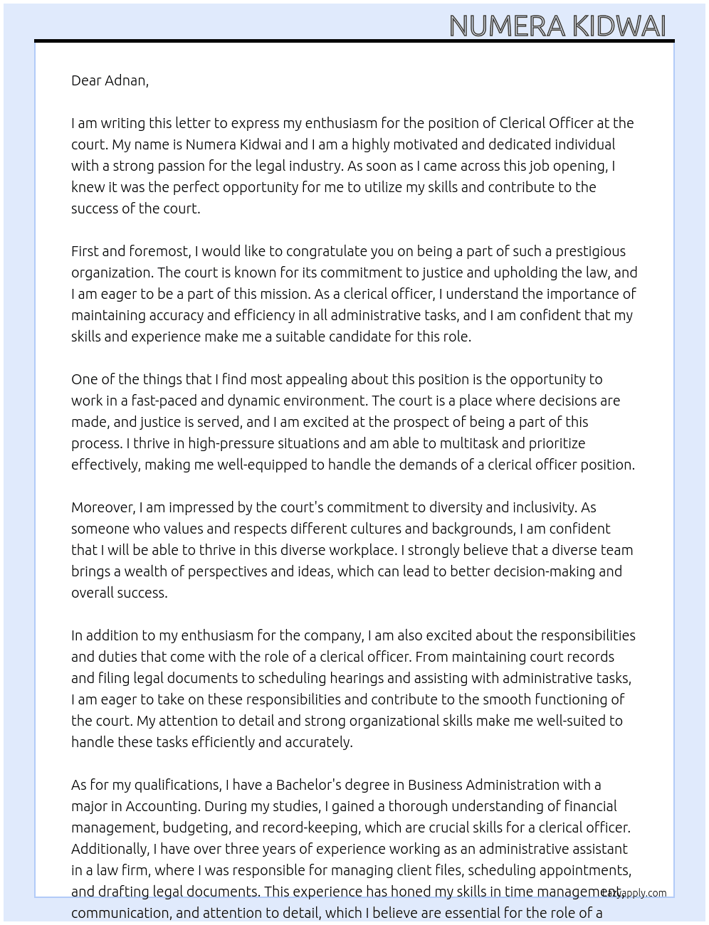clerical officer in court At court Cover Letter