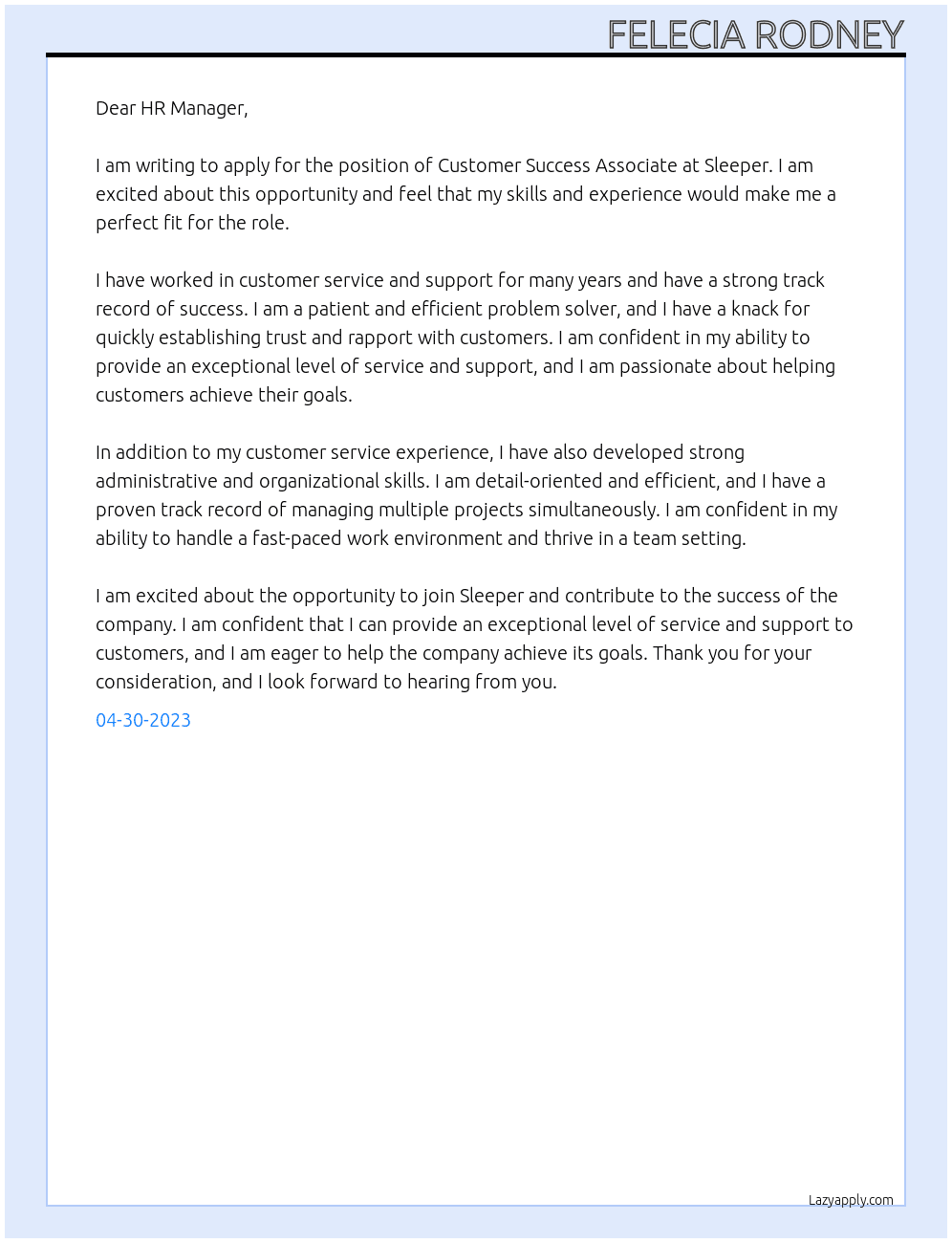 Customer Success Associate - Contractor At Sleeper Cover Letter