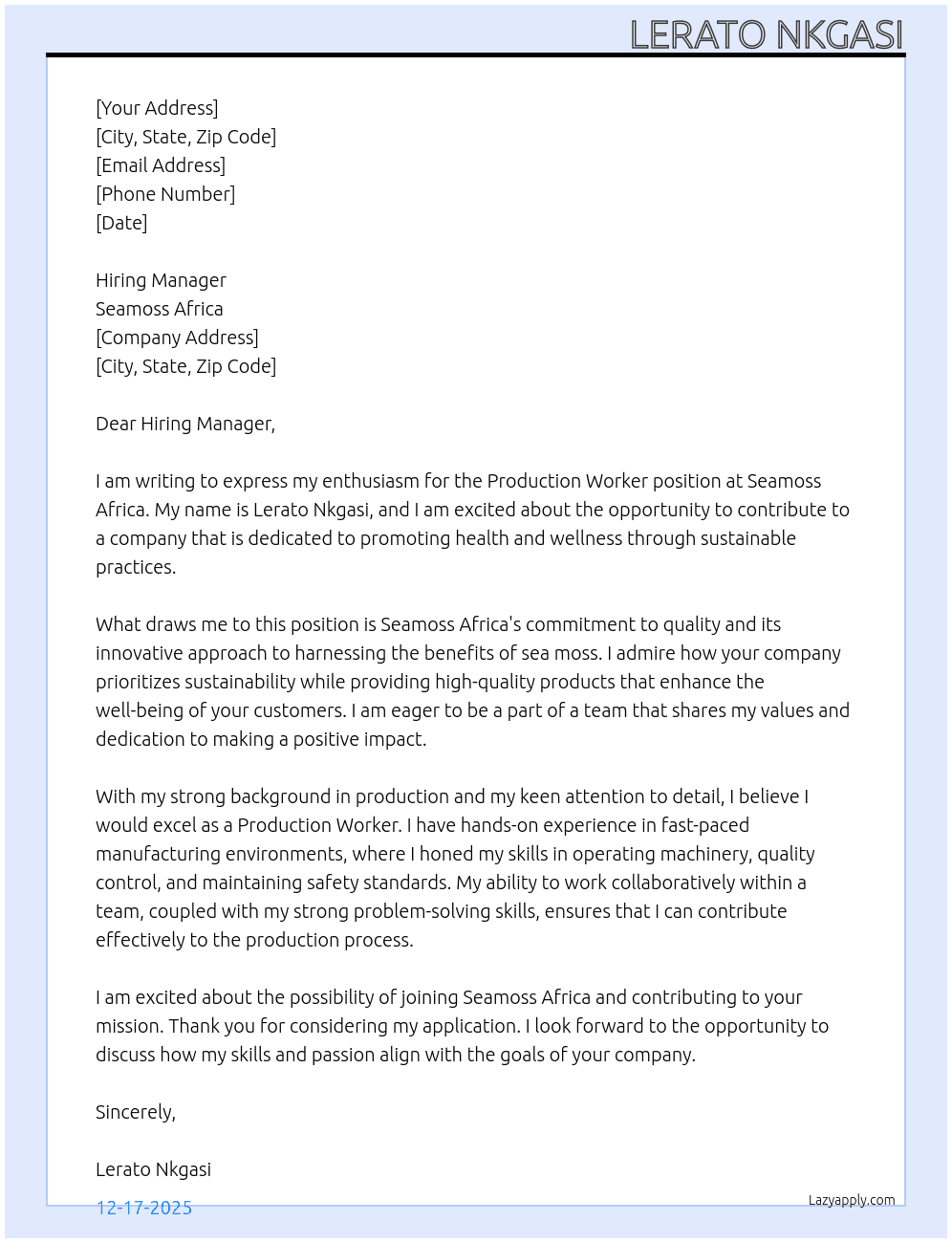 Production worker At seamoss africa Cover Letter