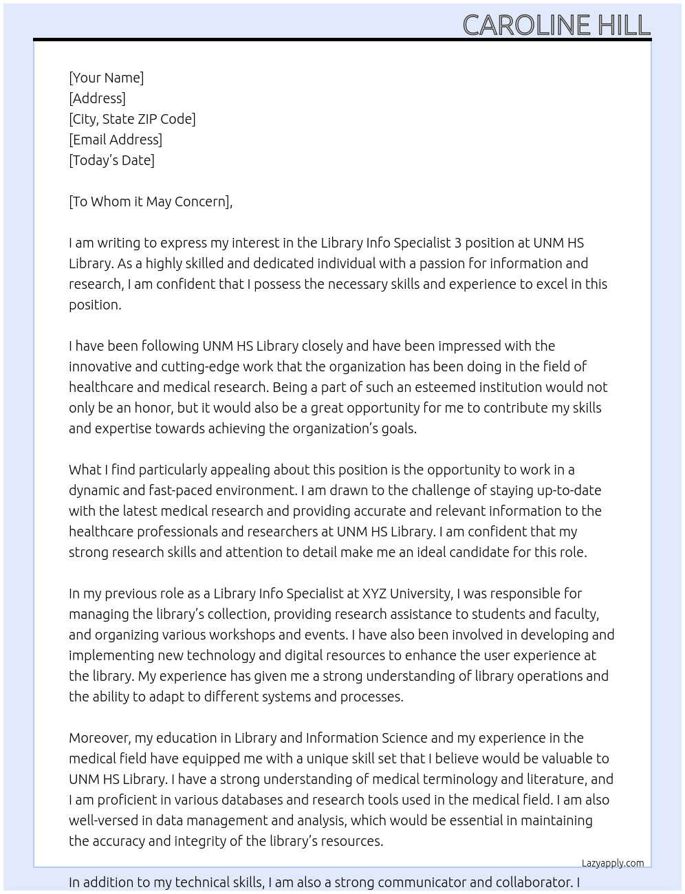 Library Info Specialist 3 At UNM HS Library Cover Letter