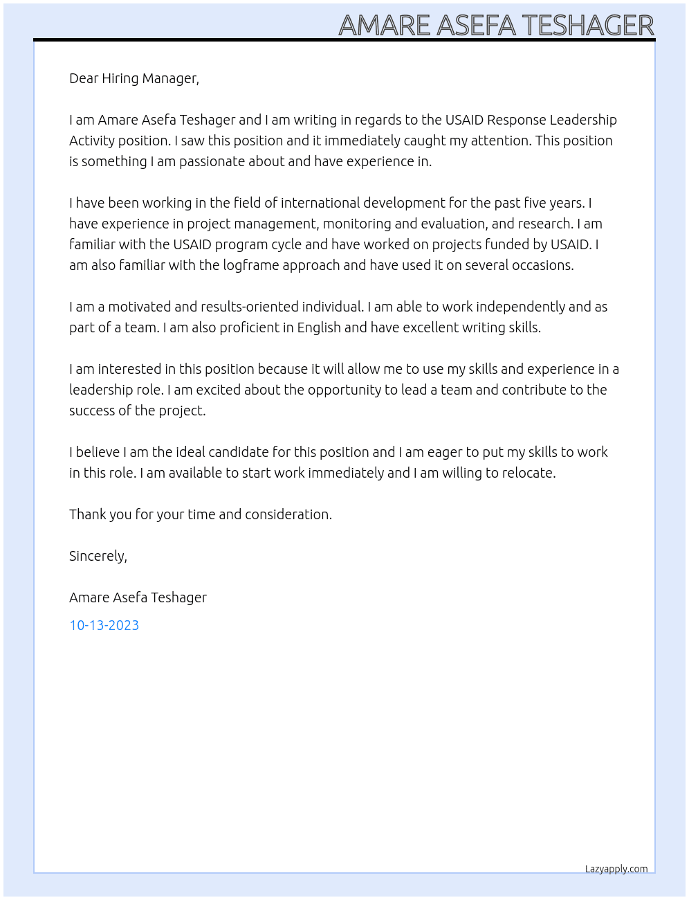 USAID response Leadership Activity At USAID Response Cover Letter
