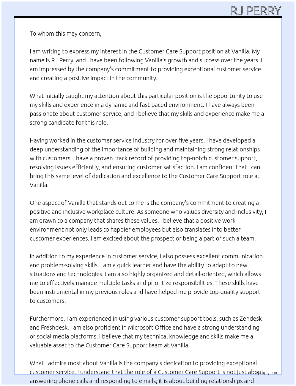 Customer Care Support At Vanilla Cover Letter