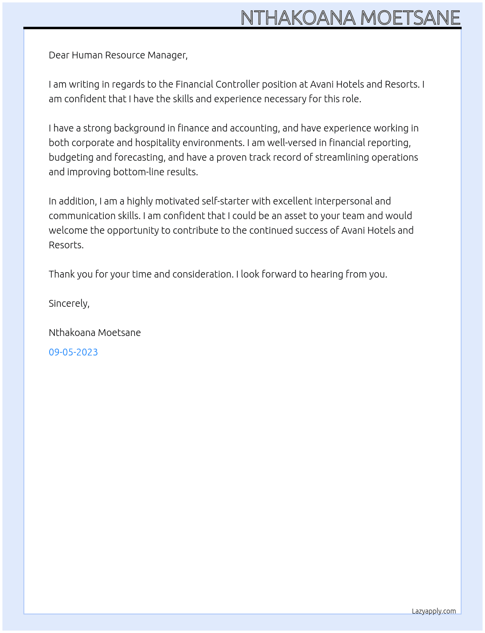 Financial Controller At Avani Hotels and Resorts Cover Letter
