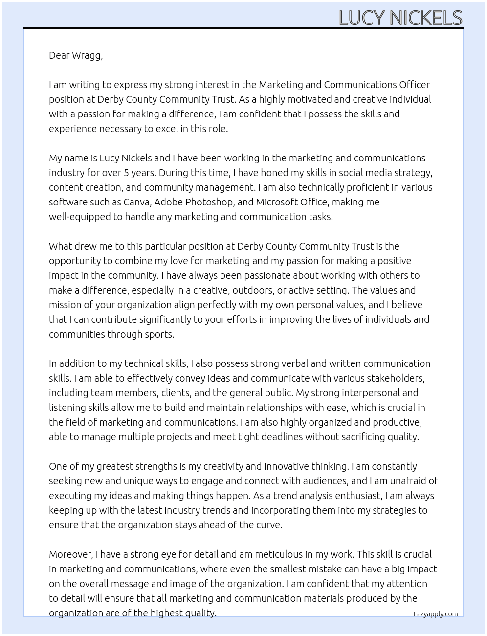 Marketing and  Communications Officer At Derby County Community Trust Cover Letter