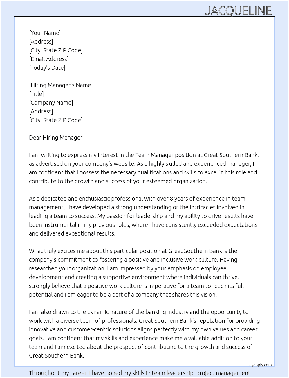 Team Manager  At Great Southern Bank  Cover Letter