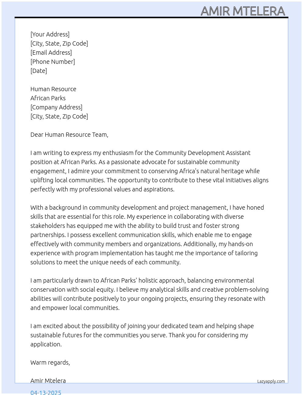 COMMUNITY DEVELOPMENT ASSISTANT At African parks Cover Letter