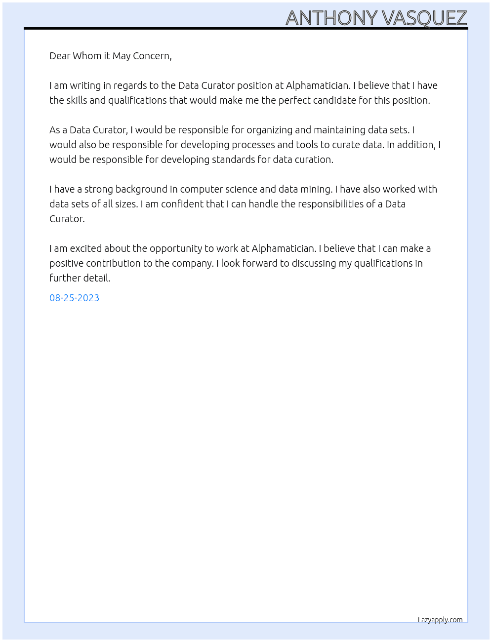 Data Curator At Alphamatician Cover Letter