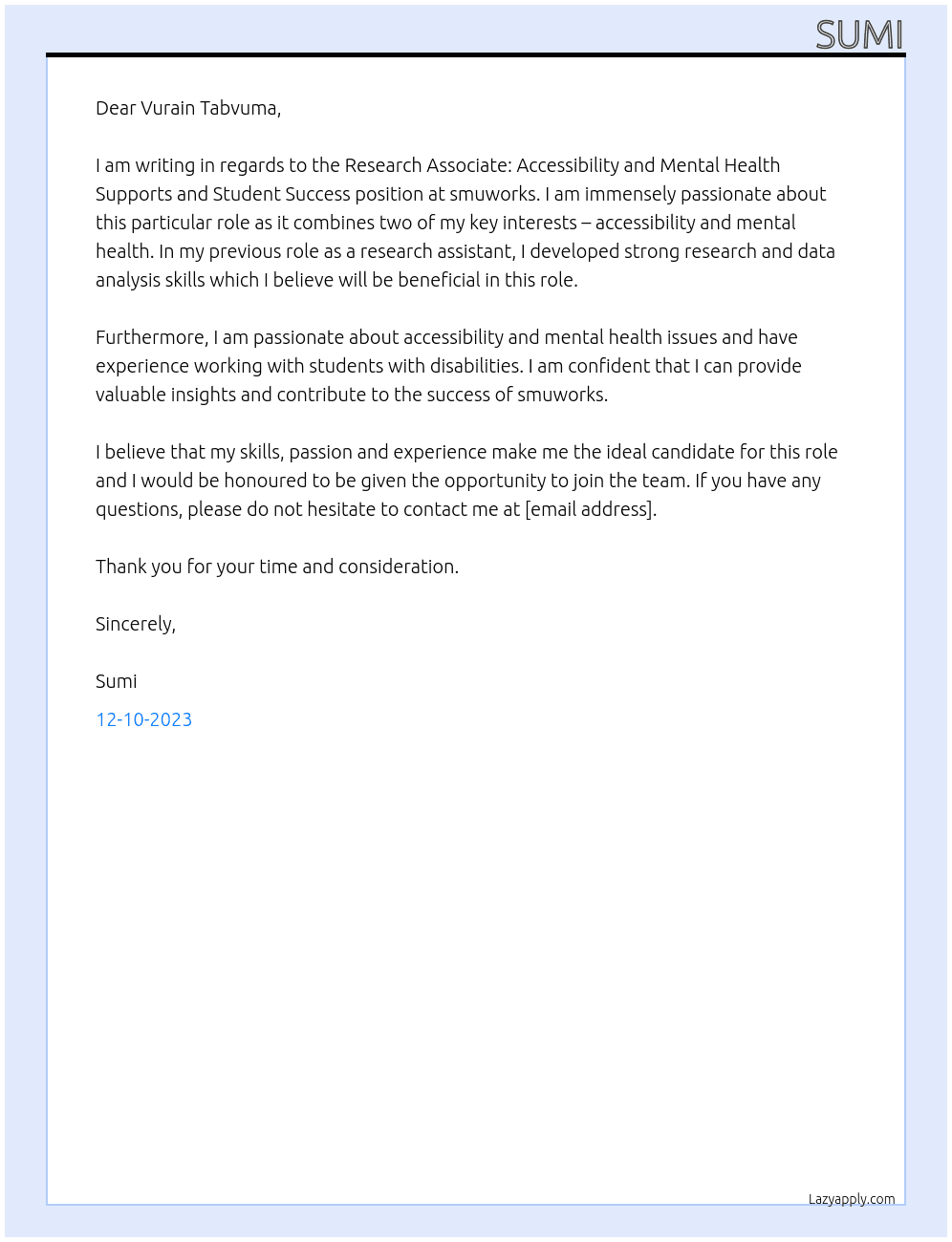  Research Associate: Accessibility and Mental Health Supports and Student Success At smuworks Cover Letter
