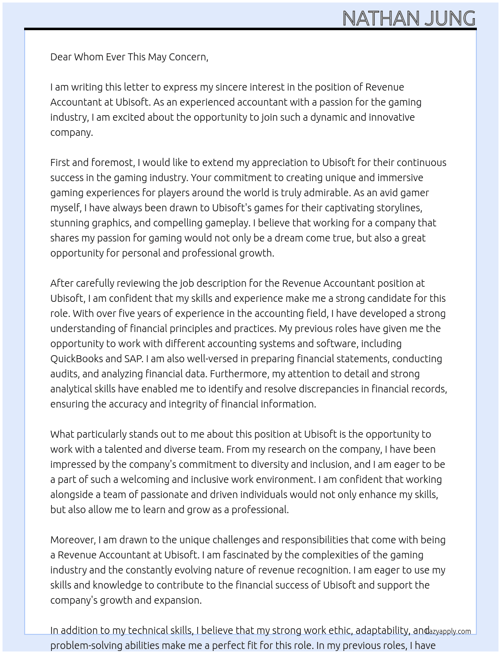 Revenue Accountant At Ubisoft Cover Letter